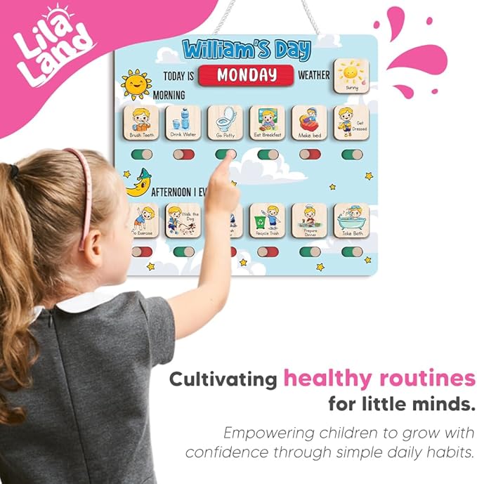 Wooden Chore Chart for Boys, Daily Routine Chart for Kids, Visual Schedule, Chore Reward Chart, Bedtime Morning Routine Chart for Toddlers (04)