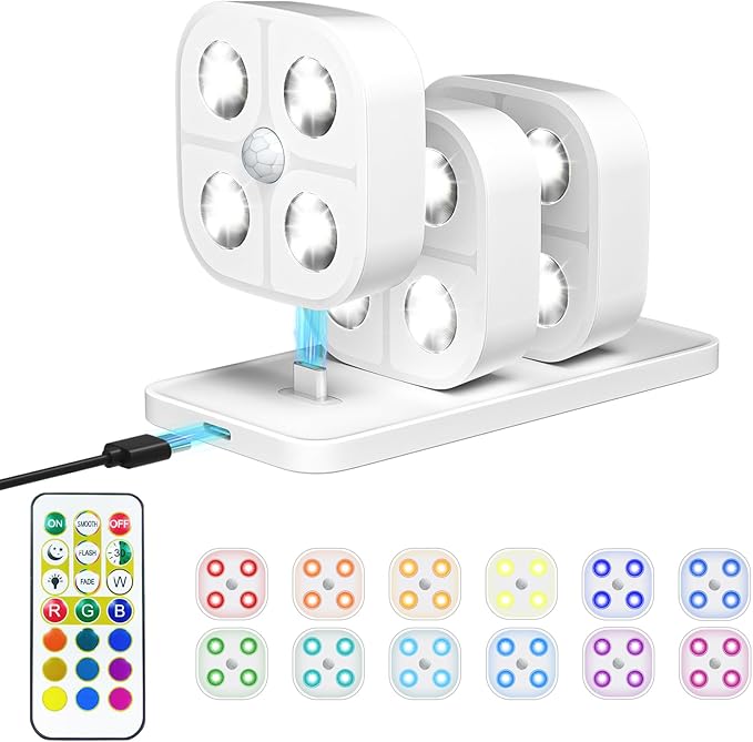 Wireless Step Light Rechargeable Puck Lights with Charging Station, RGB Motion Sensor Puck Light Under Cabinet Lighting with Remote Control, LED Closet Lights for Stair, Kitchen (3 Pcs)