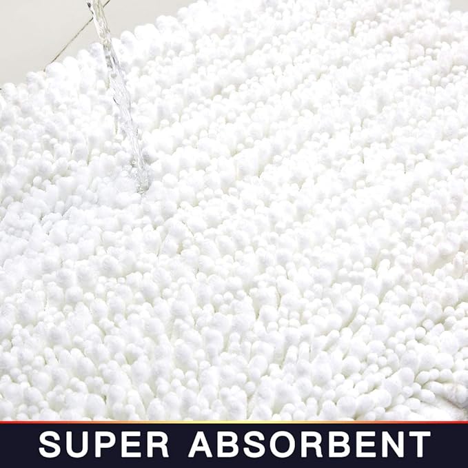 Walensee Bathroom Rug Non Slip Bath Mat (24x17 Inch White) Water Absorbent Super Soft Shaggy Chenille Machine Washable Dry Extra Thick Perfect Absorbant Best Small Plush Carpet for Shower Floor
