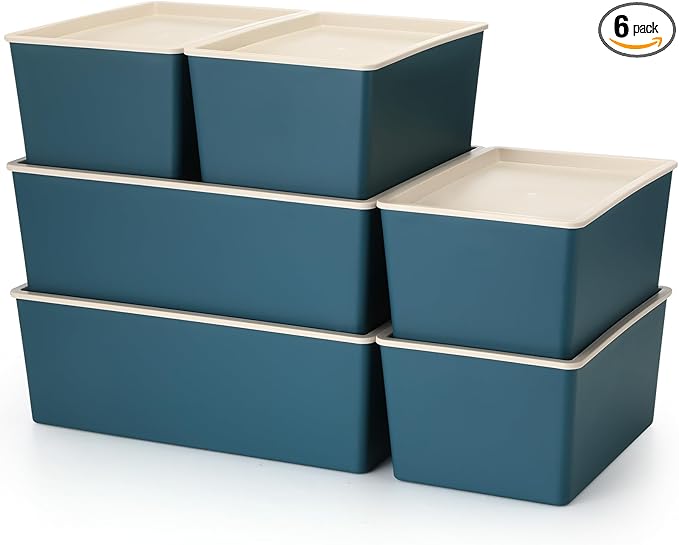Menkxi 6 Pcs Large and Small Plastic Storage Bins with Lids 14.4 x 10.4 x 5.1 Inch Stackable Storage Containers Decorative Cubby Organizer for Clothes Shelves Garage Closet Office (Blue)