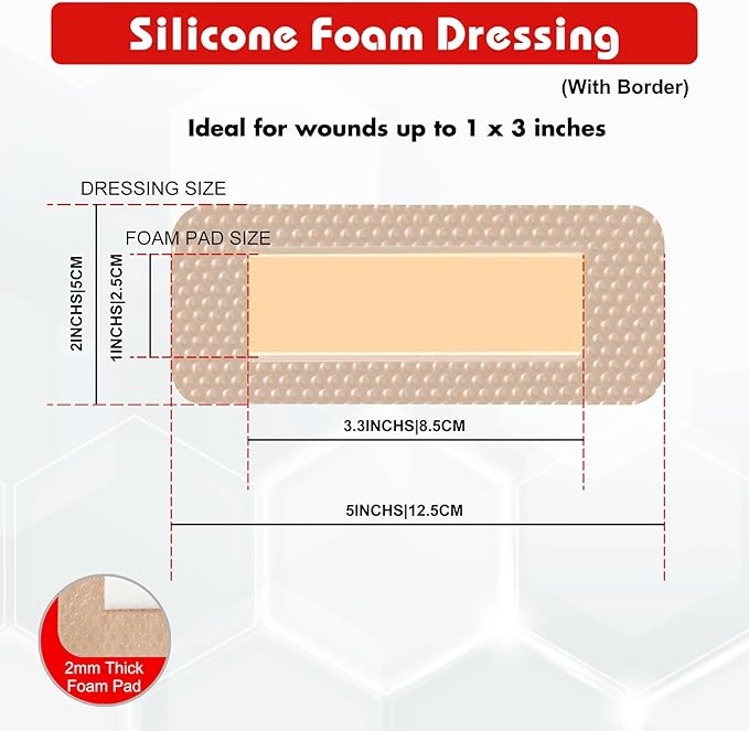 FRESINIDER 2" x 5" Pack of 10 Silicone Foam Wound Dressing - Waterproof Adhesive Bandages with Bordered - Super Absorbent & Breathable for Optimal Wound Care