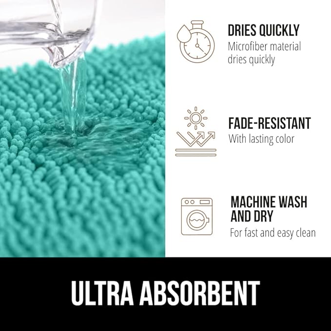 GORILLA GRIP Bath Rug Mat 44x26, Soft Absorbent Chenille, Quick Dry Microfiber Mats, Rubber Backing Washable Shower Floor Rugs, Bathmat Runner, US Designed Bathroom Home Decor Accessories Turquoise