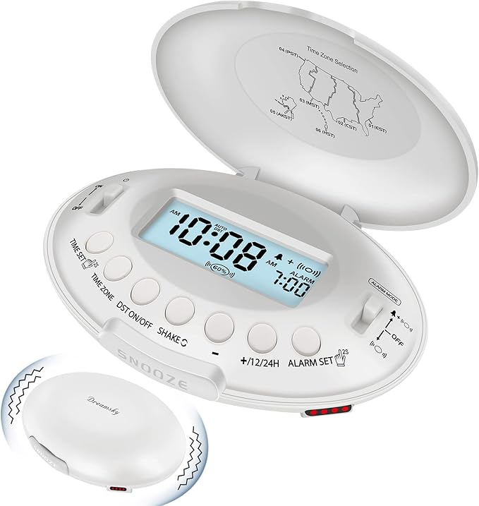DreamSky Vibrating Alarm Clock for Heavy Sleepers - Auto Set Bed Shaker Alarm Clock Under Pillow for Hearing Impaired, Bedroom, Travel, Rechargeable Battery Operated, Cordless, Auto DST, LCD Backlight