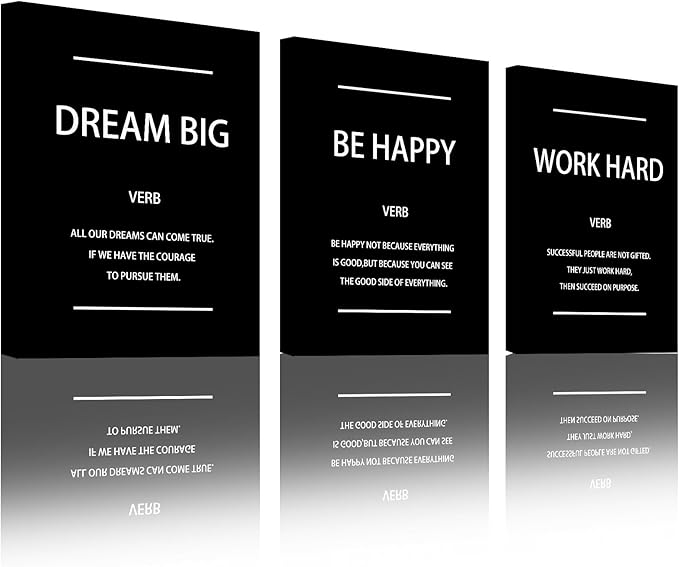 Unbruvo Motivational Office Wall Art, 3 Pieces Inspirational Canvas Wall Art, Dream Big Be Happy Work Hard Prints Poster Wall Decor for Living Room BedRoom Dorm(48" Wx24 H)