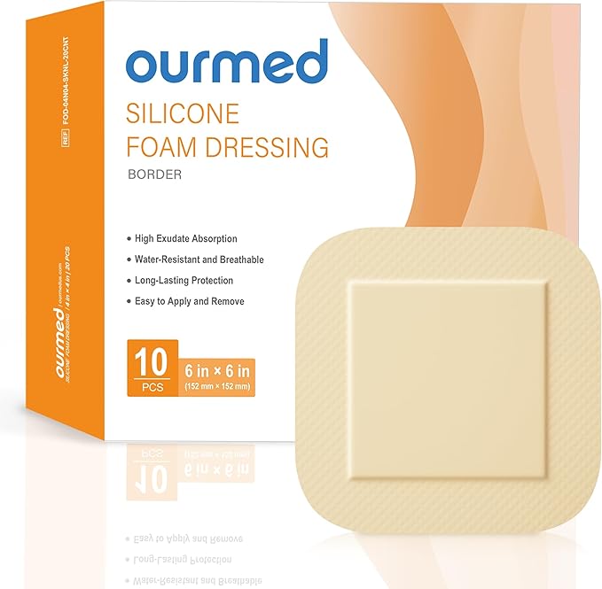 Silicone Foam Dressings(6"x 6" - 10 Packs) with Tender Adhesive Border, Sterile Advanced Absorbent Bandage, Wound Care for Bed Sores, Pressure Ulcers, Foot Diabetic Ulcer
