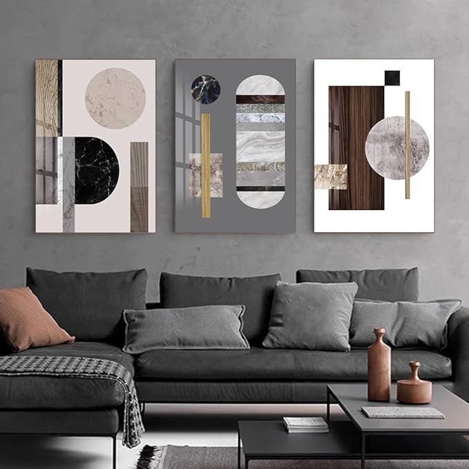 QKF Bright Extra Large Framed Canvas Wall Art For Living Room Wall Decor Home Modern Abstract Prints Large wall pictures geometric round square Wood Grain Brown（24"X32"X3 pieces）