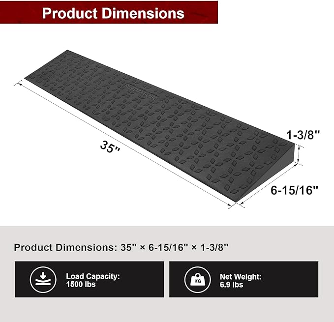 Ruedamann 1.4" Rise Threshold Ramps for Doorways, Sturdy Rubber Threshold Ramp, Non-Slip Ramp for Wheelchair for Home, Adjustable and Cuttable for Wheelchairs, Scooters, Sweepers, Curbs