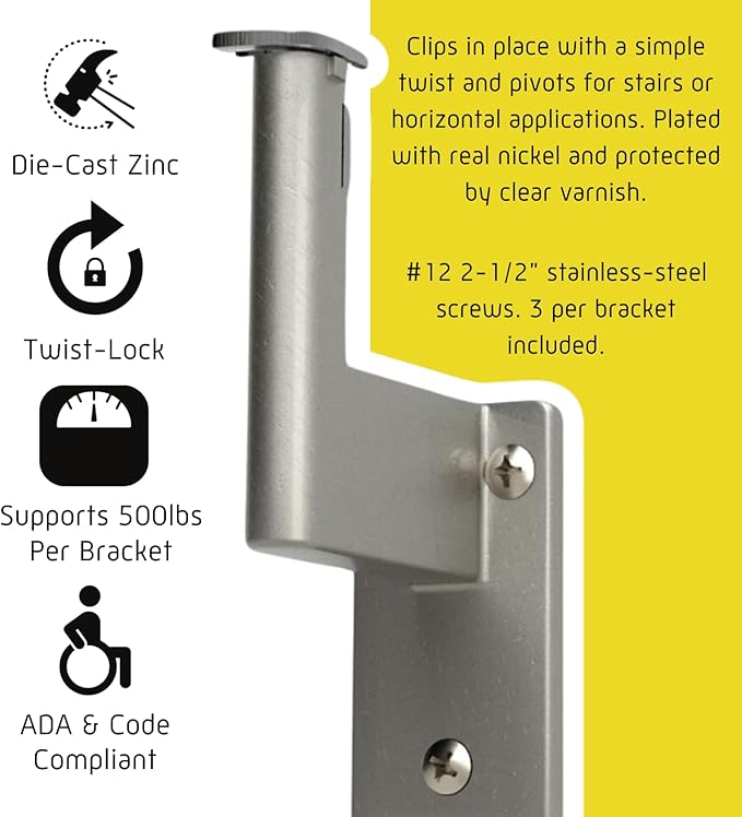 Promenaid 12ft ADA Handrail Kit - Champagne - Complete Indoor/Outdoor Handrail for Stairs - 1.6" Round Anodized Aluminum Railing with 6 Nickel Plated Pivoting Brackets & ADA Wall Returns