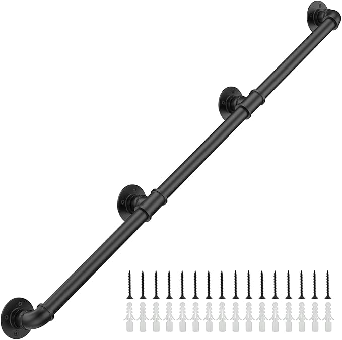 9FT Industrial Stair Railing Wall Mount Staircase Handrail φ1.3 Pipe Hand Rail for Steps Grab Bar Foot Rail Vintage Pipe Railing Black Deck Handrail for Outdoor Indoor Stairs Porch