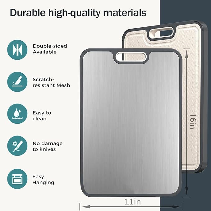 Stainless Steel Cutting Boards for Kitchen,Non Toxic Cutting Board Double sided, 2-in-1 Wheat Straw PP Kitchen Chopping Board for Meat and Fruit. Non-Slip,Easy to Clean,Dishwasher Safe (16x11 In)