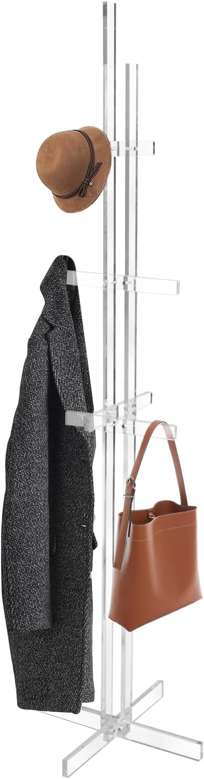 Acrylic Coat Rack with 10 Hooks Freestanding Modern Coat Hanger Stand with Anti-slip Strips Hall Tree for Clothes Handbags Hats Scarves in Entryway Office Bedroom Hallway