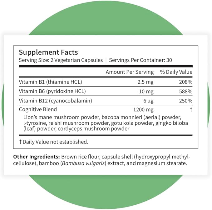 Pattern Wellness Cognitive Complex Supplement – Supports Brain Health & Mental Clarity – with Lion’s Mane, Bacopa & B Vitamins – 60 Vegetarian Capsules