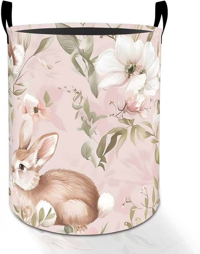 Cute Bunny Floral Laundry Basket Hamper for Boys Girls Kids Adults, Foldable Waterproof Oxford Clothes Storage Bin, Rabbit Organizer for Bedroom Bathroom Room Decor 19.7"x15.8"