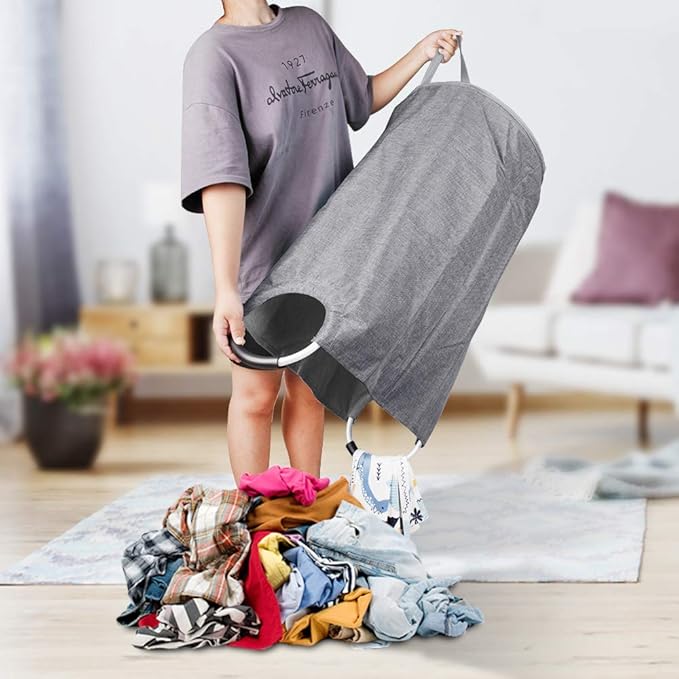 Large Laundry Hamper Bag Collapsible, Tall Laundry Basket with Sturdy Handles, Fabric Dirty Clothes Bin for Laundry, College Dorm, Boys, Man, Durable Heavy Duty Two-Layer – 90L Grey