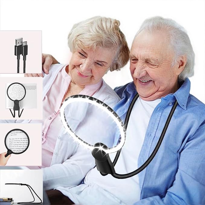 6X Hands-Free Magnifying Glass & Goose Neck Magnifier with Light | Neck-Worn Rechargeable for Reading, Crafts, Cross Stitch | Large View for Low Vision Seniors & Close Work