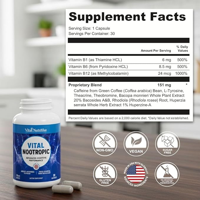 Vital Nootropic 12-in-1 Brain Supplement for Memory, Focus & Energy Support – L-Tyrosine, Bacopa, Rhodiola, Caffeine, B Vitamins – Cognitive Balance Capsules for Men & Women-30 Days Supply