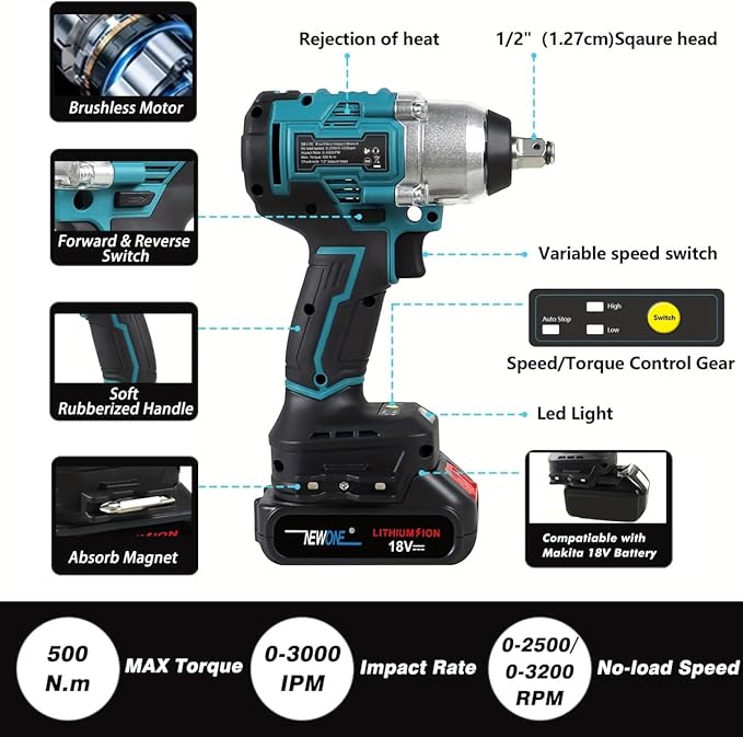 NEWONE 20v Brushless Crodless Impact Wrench, 370 Ft-lbs (500N.m) Impact Gun 1/2 inch with 1pcs 4.0AH Battery,6pcs Drill/Driver Bits,4 Sockets,Charger