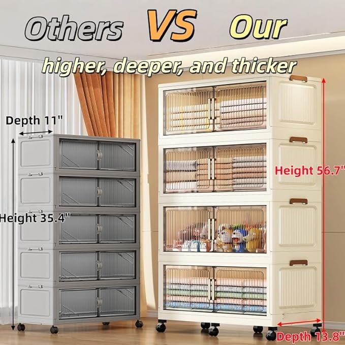 479QT 35.4'' Wide Stackable Storage Bins with Lid,4-Tier Large Foldable Plastic Drawer Storage with Wheels,Closet Organizers and Storage for Living Room, Office, Dorm