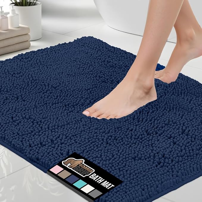 GORILLA GRIP Bath Rug Mat 48x24, Soft Absorbent Chenille, Quick Dry Microfiber Mats, Rubber Backing Washable Shower Floor Rugs, Bathmat Runner, US Designed Bathroom Home Decor Accessories Navy Blue