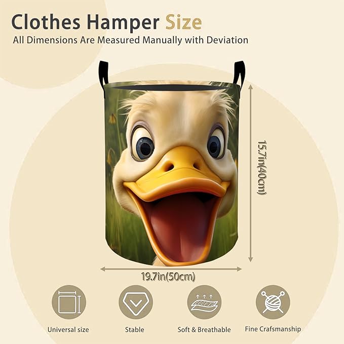 Funny Duck Laundry Basket Hamper for Boys Girls Kids Adults, Foldable Waterproof Oxford Clothes Storage Bin, Cute Cartoon Farm Animal Organizer for Bedroom Bathroom Room Decor 19.7"x15.8"