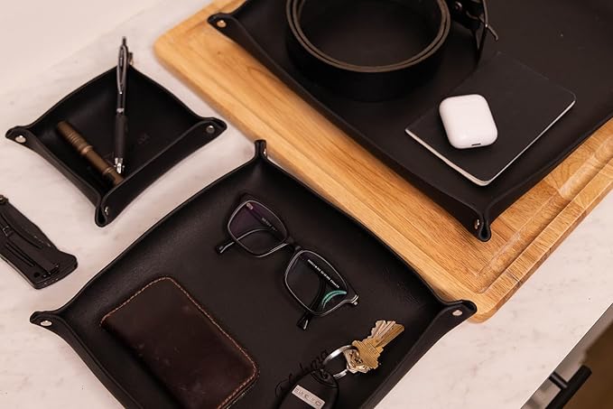 Valet Tray – Full-Grain Leather Catchall Organizer for Keys, Phone & Wallet – Rustic Nightstand & Desk Tray with Raised Sides – Handmade in USA (Black, Medium Square)