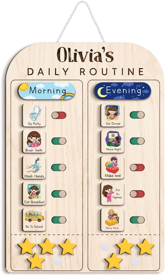 Wooden Chore Chart for Kids Visual Schedule, Routine Chart for Kids, Morning Bedtime Routine Chart for Toddlers Ages 2-4, Daily Kids Schedule Board for Home (19)