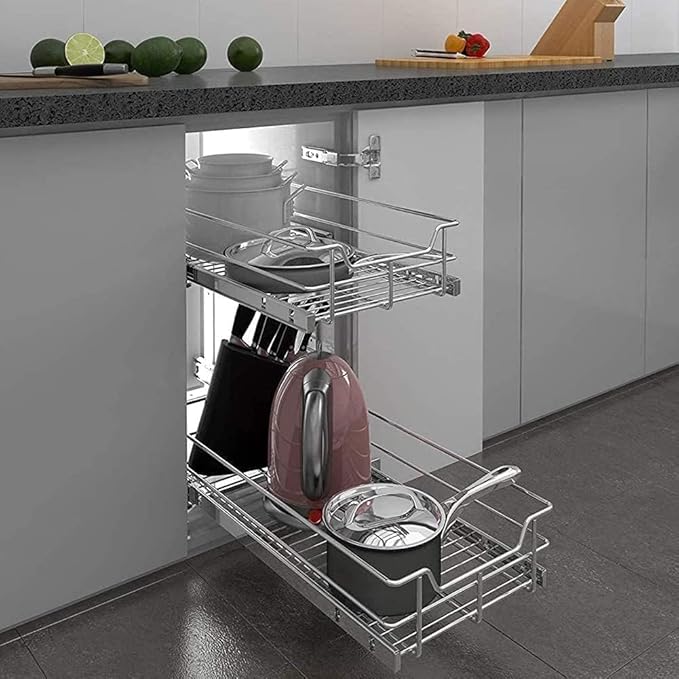 2 Tier Pull Out Cabinet Organizer 15" W X 22" D, Slide Out Drawers For Kitchen Cabinets, Pull Out Drawers For Cabinets Capacity Heavy Duty Caddy, Cabinet Pullout Shelves Chrome-Plated,Bathroom Pantry