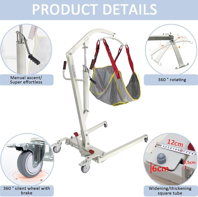 Manual Hydraulic Patient Lift Commode Sling, 440lb Weight Capacity, Body Transfer Lift Chair for Full/Partial, Paralysis Patients Lift for Home Use,Wheelchair/Bed/Toilet Transfers