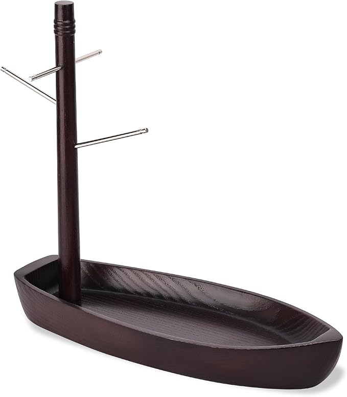 Entryway Key Holder Stand, 4 Metal Key Hooks and Storage Tray, Ash Solid Wood Decorative Boat Shape Tabletop Key Rack, Small Accessory Organizer and Hanging Stand.