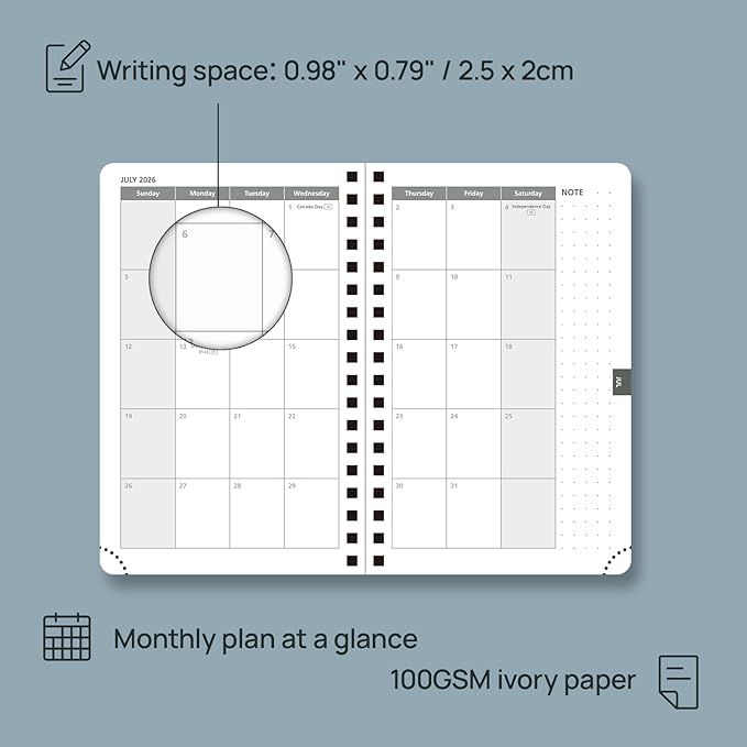 POPRUN Pocket 2026 Planner (Small Size- 4'' x 6.25'') Weekly and Monthly for Purse - Calendar 2026 (Jan. 2026 - Dec.2026) with Soft Cover, Plastic Ruler - Pacific Green