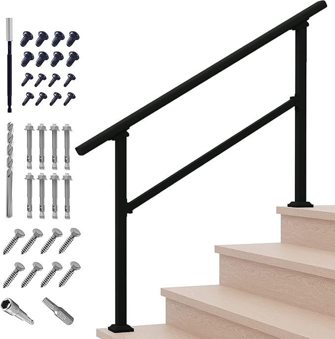 Metty Metal Handrails for Outdoor Steps Suitable for 1 to 5 Steps- Wrought Iron Stair Railing- Step Steady with 5 Feet Handrailing- Safe Indoor Home Banisters (5 Step)
