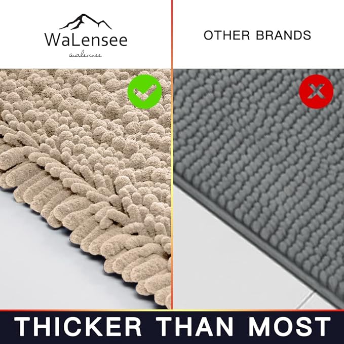 Walensee Bathroom Rug 2 Pieces Set Non Slip Bath Mat (20"x32" Plus 20"x32" Beige) Water Absorbent Super Soft Shaggy Chenille Machine Washable Dry Extra Thick Perfect Carpet for Shower Floor