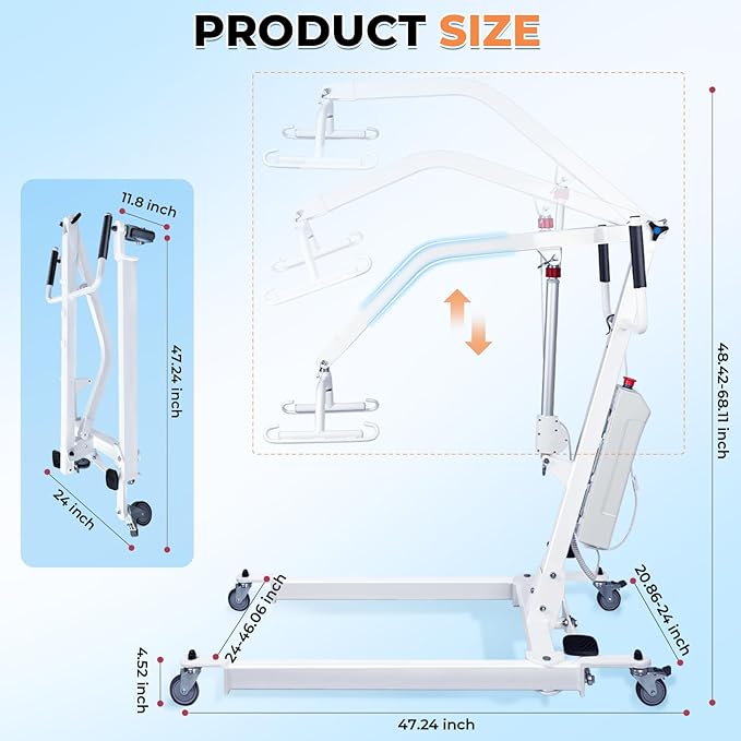 Patient Lift Transfer Chair, 5 in 1 Patient Lift Chair with 180°Split Seat, Height Adjustable Patient Transfer Chair with 4 Casters for Home Seniors Elderly, Load 450Lbs (Electric/Hanger, Silver)