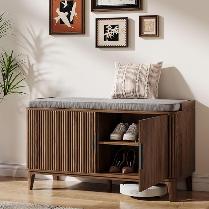 39.4" Fluted Shoe Cabinet Storage with Bench, 2-Tier Entryway Bench with Adjustable Shelves and Detachable Cushioned Seat, Shoe Organizer Bench Cabinet for Entryway, Living Room, Hallway Walnut