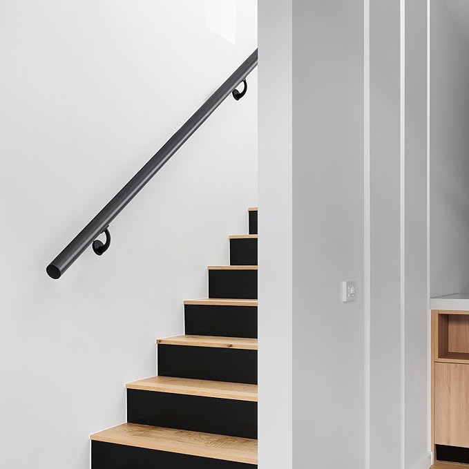 7FT Modern Aluminum Handrail Set, handrails for Indoor Stairs,Deck,Slope, Wall Mounted Staircase handrails, Zink Alloy Brackets Included,Rust Free. (Matte Black, 7 FT)