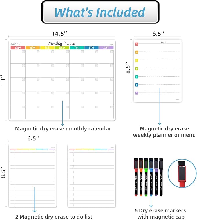 JJPRO Magnetic Monthly Calendar Whiteboard Set for Refrigerator-Monthly Planning Board, Weekly Menu Planner and to Do List for Fridge with 6 Markers-14.5" x11