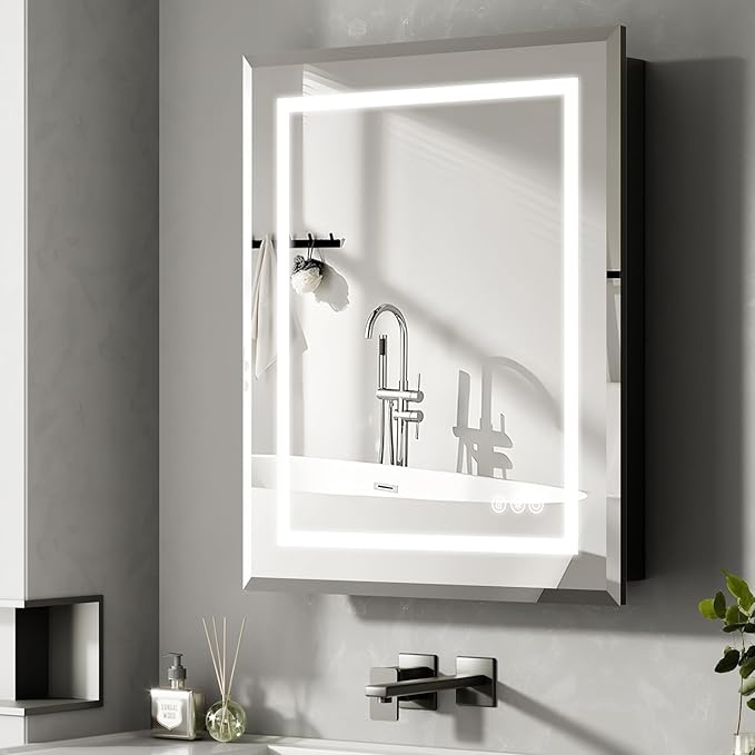 24"X30" Bathroom Medicine Cabinet with Mirror, LED Lighted Medicine Cabinet with Anti-Fog, 3 Colors Temperature Stepless Dimmable, Metal Cabinet for Storage and Mordern Decor, Black