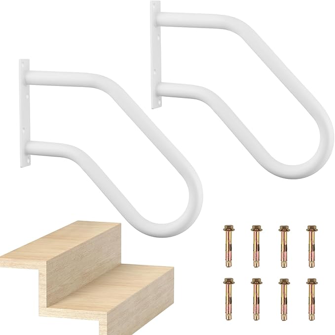 Hand Rails for Indoor Outdoor Steps, Wall Mount Non-Slip U-Shape Stair Railing, Black, 1 Pack (White, 2 Pack 16")