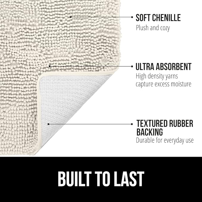 GORILLA GRIP Bath Rug Mat 60x17, Thick Soft Absorbent Chenille, Quick Dry Microfiber Mats, Rubber Backing Washable Shower Floor Rugs, Bathmat Runner, US Designed Bathroom Home Decor Accessories Ivory