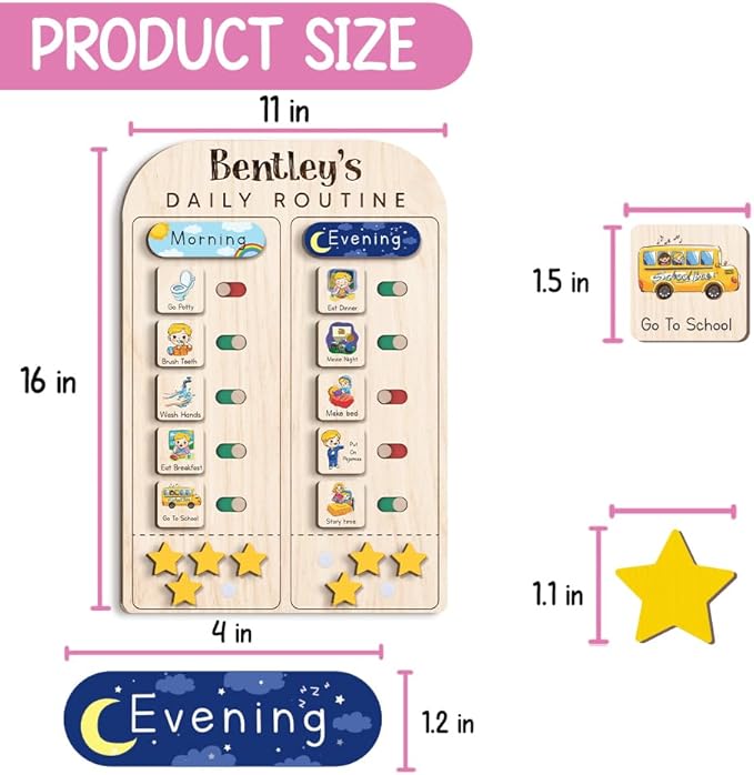 Wooden Chore Chart for Kids Visual Schedule, Routine Chart for Kids, Morning Bedtime Routine Chart for Toddlers Ages 2-4, Daily Kids Schedule Board for Home (19)