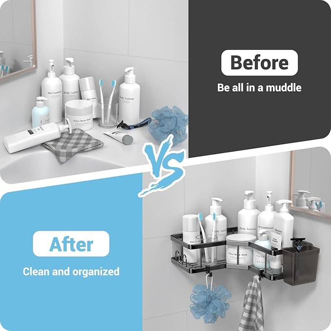Corner Shower Caddy, 2 Pack Adhesive Shower Corner Organizer Shelves, No Drilling Stainless Steel Shower Storage Rack with Hooks&Toothpaste Holder for Bathroom Kitchen （for 90° Corners Only）