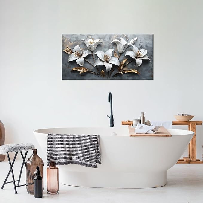 White Flowers Wall Art for Bedroom Canvas Painting Prints Beautiful Floral Gold Leaves Gray Modern Artwork Office Girls Decor