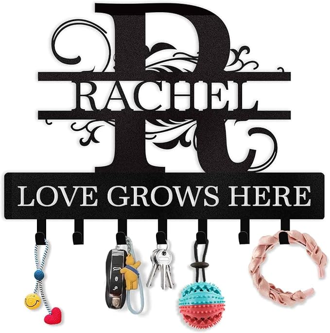Personalized Key Holder for Wall - Custom Family Name Key Holder Wall Mount, Key Organizer Rack with Monogram Design, Key Rack Coat Hooks for Bedroom Doorway Hallway, Housewarming Gifts