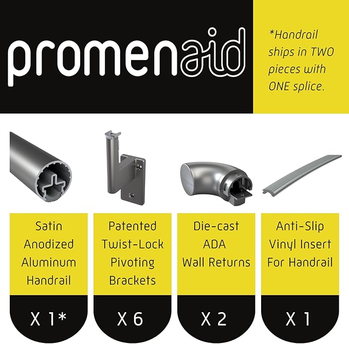 Promenaid 13ft ADA Handrail Kit - Champagne - Complete Indoor/Outdoor Handrail for Stairs - 1.6" Round Anodized Aluminum Railing with 6 Champagne Painted Pivoting Wall Brackets & ADA Wall Returns
