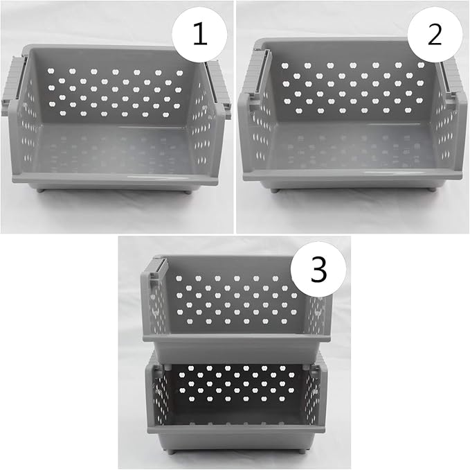 3 Pack Stacking Open Front Storage Bins, Gray Stackable Pantry Basket Plastic