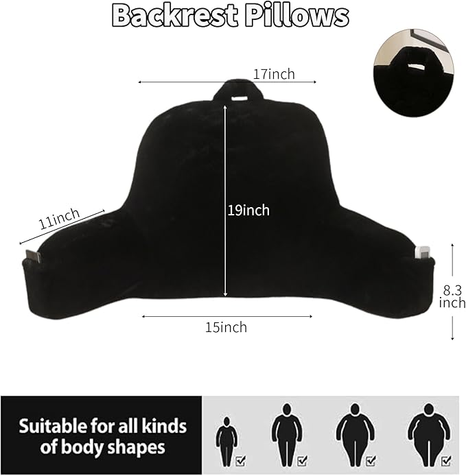 Reading Pillow for Sitting in Bed, Large Backrest Reading Pillow with Arm Rest,Back-Rest Support Cushion for Sit Up on Couch, Sofa, and Floor, Dorm Essentials (Black Faux Fur, Large(19"))
