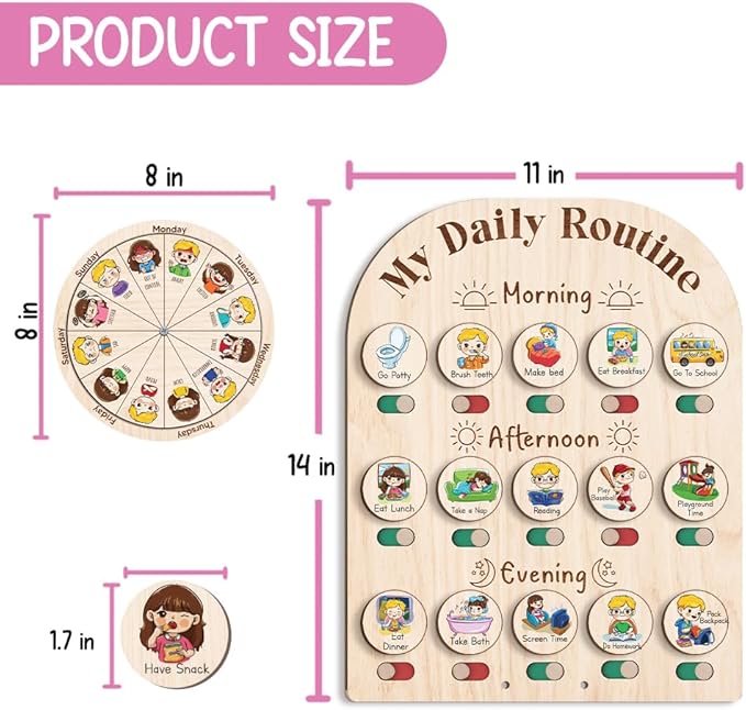 Personalized Wooden Daily Routine with Emotion Wheel, Daily Chore Chart for Kids, Behavior Chart at Home for Toddler, Visual Schedule with Feeling Wheel for Kids Boys Girls