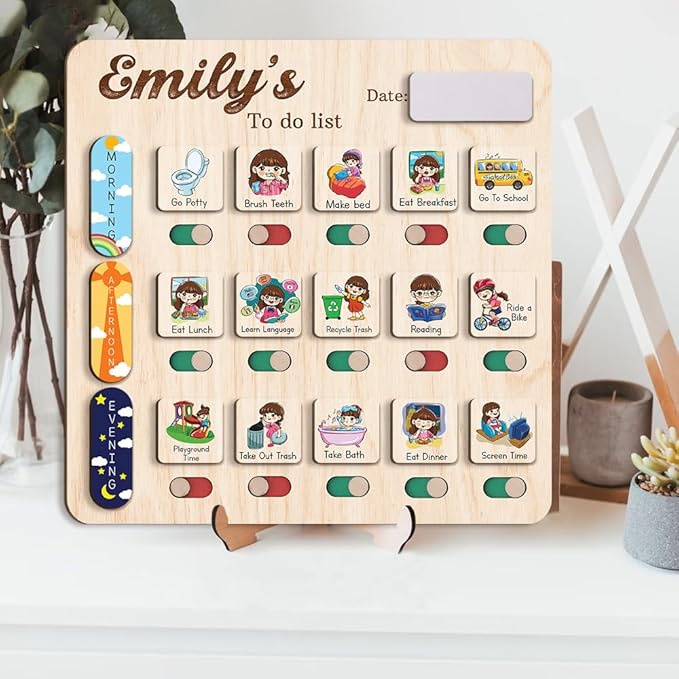 Wooden Chore Chart for Kids Visual Schedule, Routine Chart for Kids, Morning Bedtime Routine Chart for Toddlers Ages 2-4, Daily Kids Schedule Board for Home (14)
