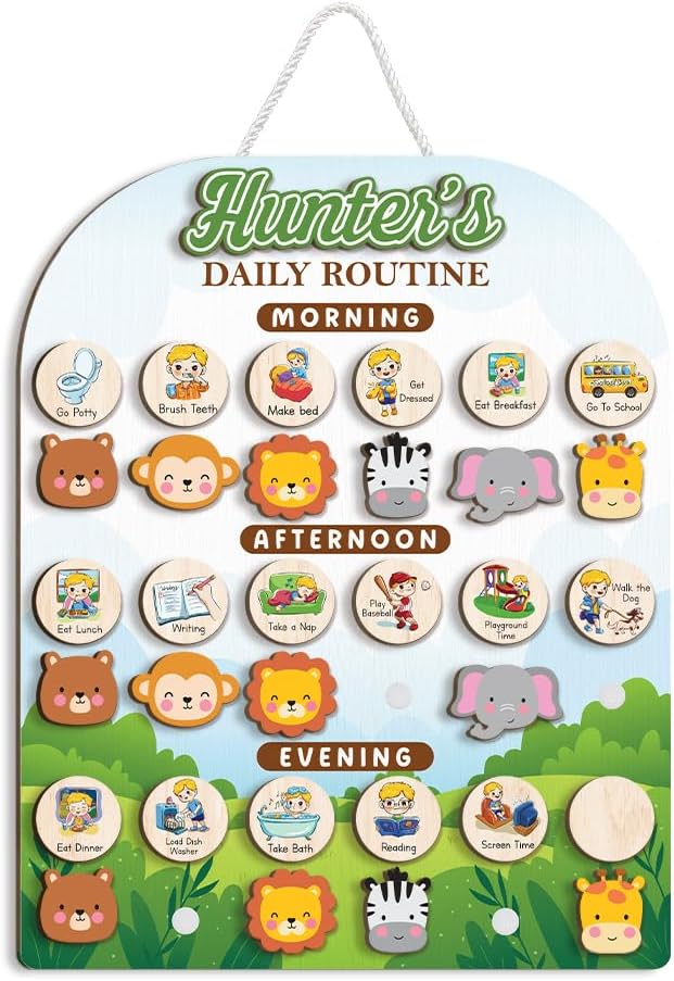 Wooden Daily Routine Chart for Todder, Visual Schedule Woodland Reward Chart, Daily Responsibilities Board for Kids, Personalized Chore Chart for Kids