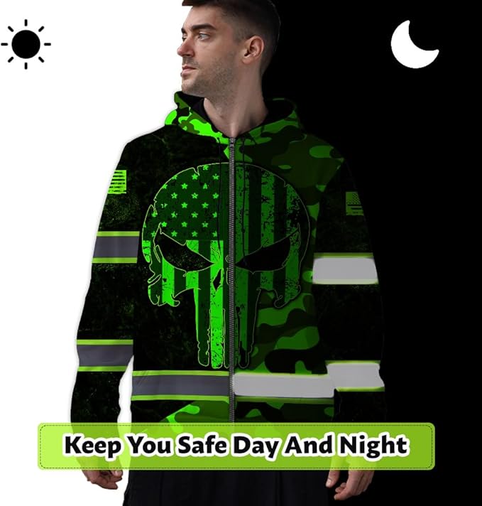 Maddly Hi Vis Reflective Zip Up Hoodie, High Visibility Safety Jacket with Skull Design for runner, worker, trucker, cyclist